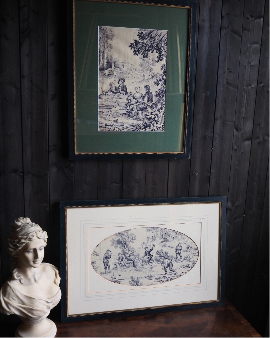 Pair of 19th Century French Toile de Jouy Framed Fabric Panels - Bobbin Frame