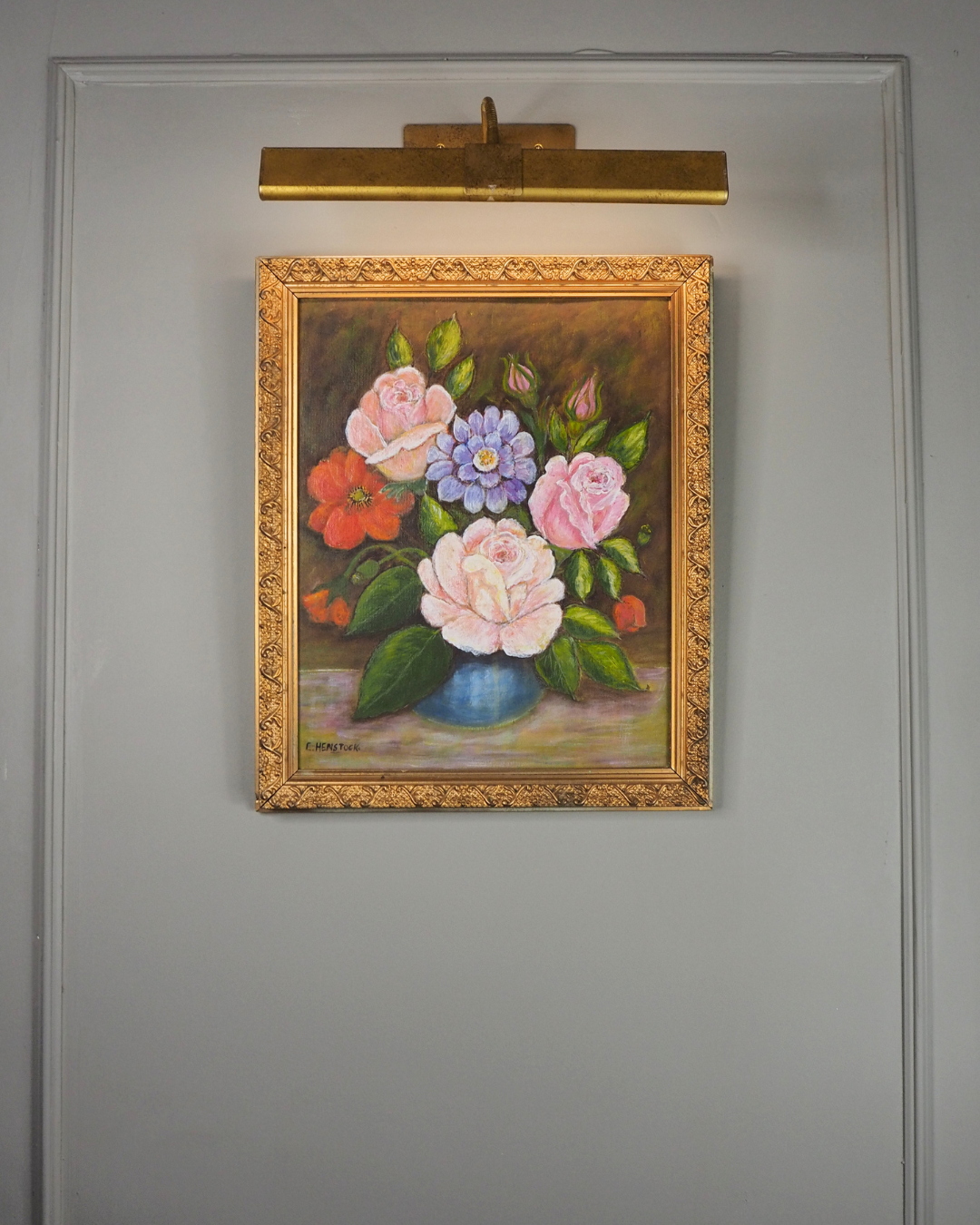 Vintage Floral Oil Painting by E. Henstock: Antique Gold Frame 43 x 35 cm