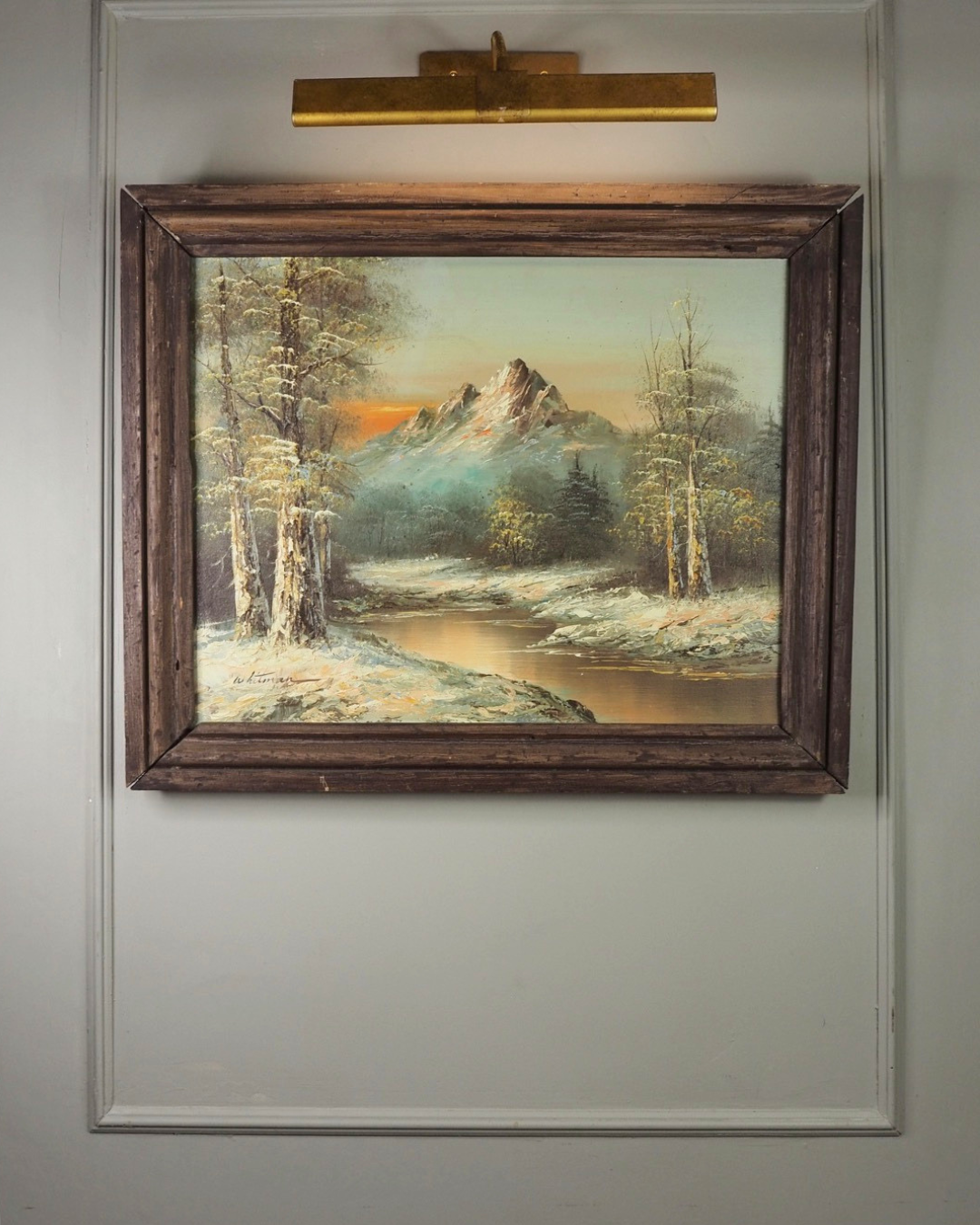 Vintage G. Whitman Oil Painting- Snowy Mountain River Landscape