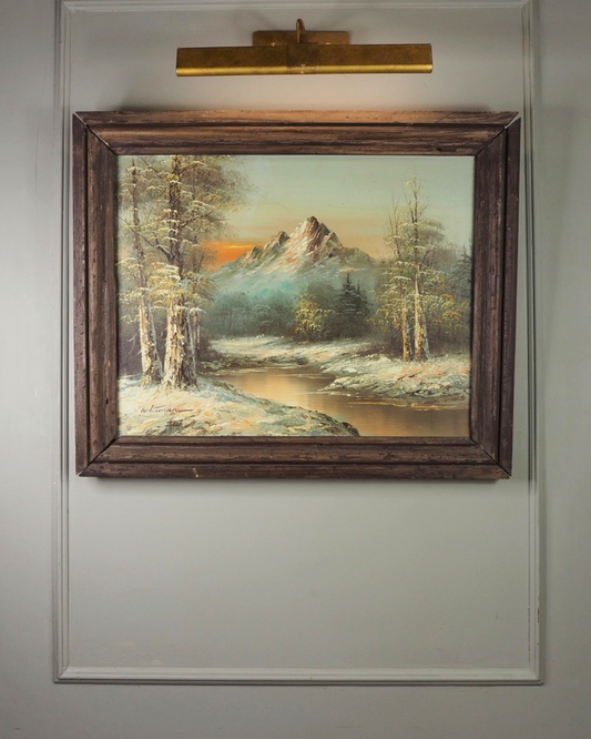 Vintage G. Whitman Oil Painting- Snowy Mountain River Landscape