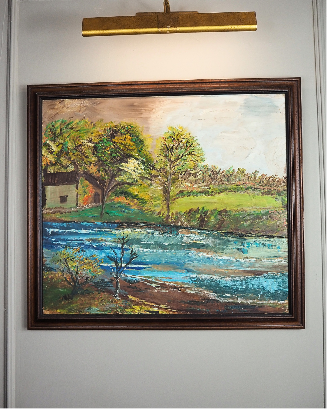 Peaceful River & Cabin Landscape- Vintage Rustic Oil Painting