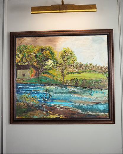 Peaceful River & Cabin Landscape- Vintage Rustic Oil Painting