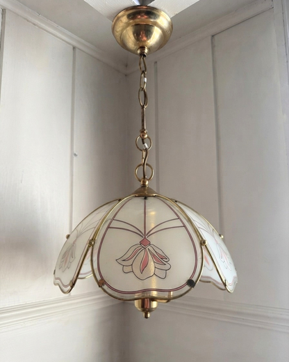 Vintage 1980s Retro  Art Nouveau 3 Light Tulip Floral Brass & Frosted Glass Pendant Light