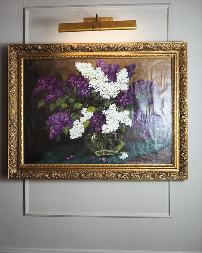 Large Imported Hungarian Oil Painting of Lilac in Ornate Gold Gilt Frame