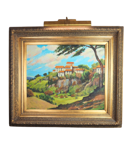Large Vintage Oil Painting 1969 | Post-Impressionist Village Landscape Homeage  Paul Cézanne