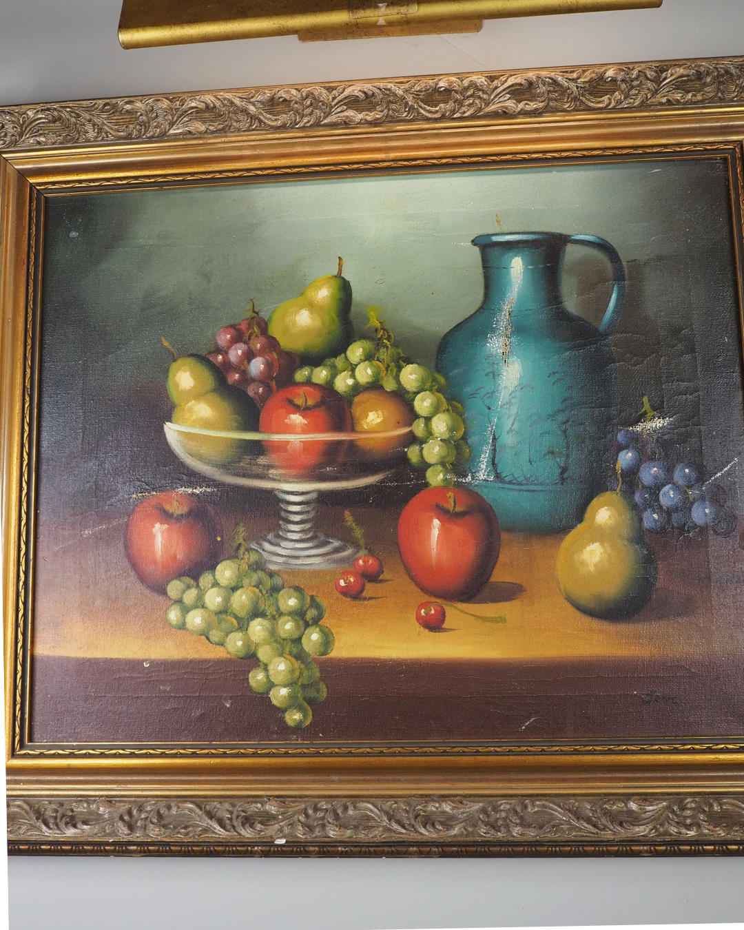 Mid Century European Still Life Oil Painting Fruit Bowl Blue Pitcher Framed Vintage 1960s