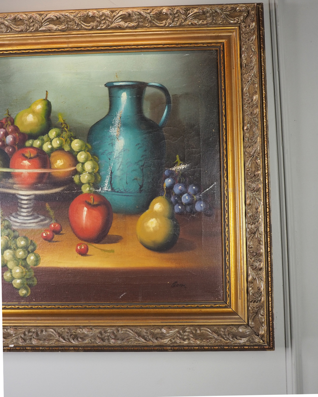 Mid Century European Still Life Oil Painting Fruit Bowl Blue Pitcher Framed Vintage 1960s