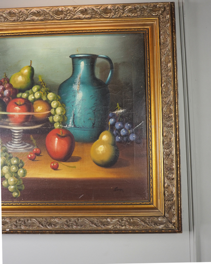 Mid Century European Still Life Oil Painting Fruit Bowl Blue Pitcher Framed Vintage 1960s