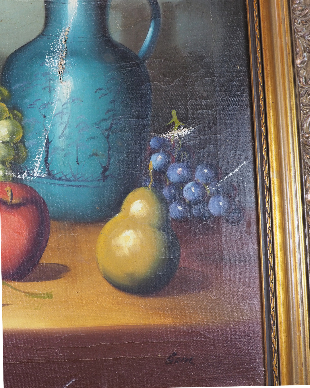 Mid Century European Still Life Oil Painting Fruit Bowl Blue Pitcher Framed Vintage 1960s