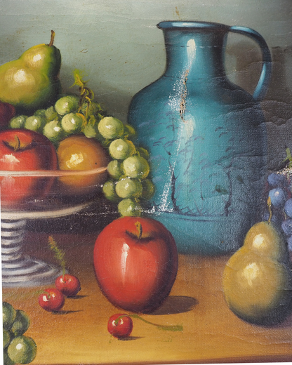 Mid Century European Still Life Oil Painting Fruit Bowl Blue Pitcher Framed Vintage 1960s
