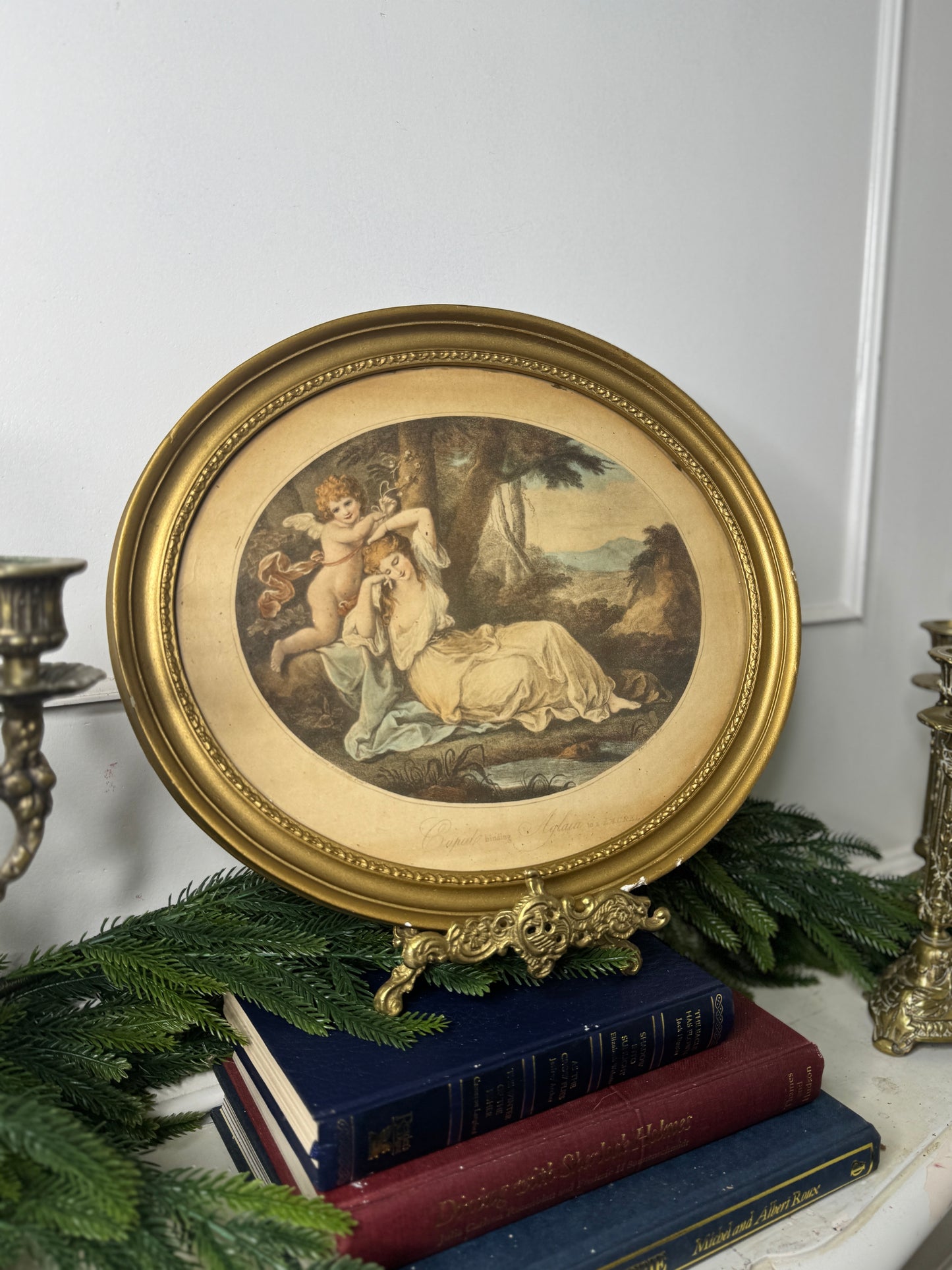 Vintage Stipple Engraving 'Cupid': Oval Giltwood Frame Wall Art