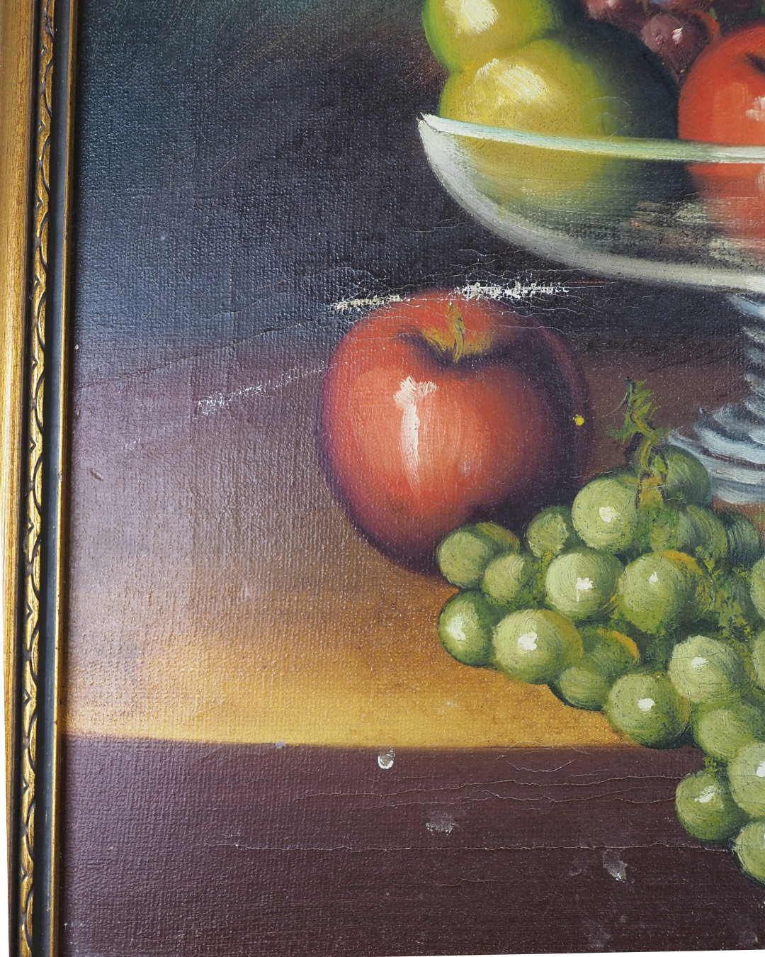 Mid Century European Still Life Oil Painting Fruit Bowl Blue Pitcher Framed Vintage 1960s