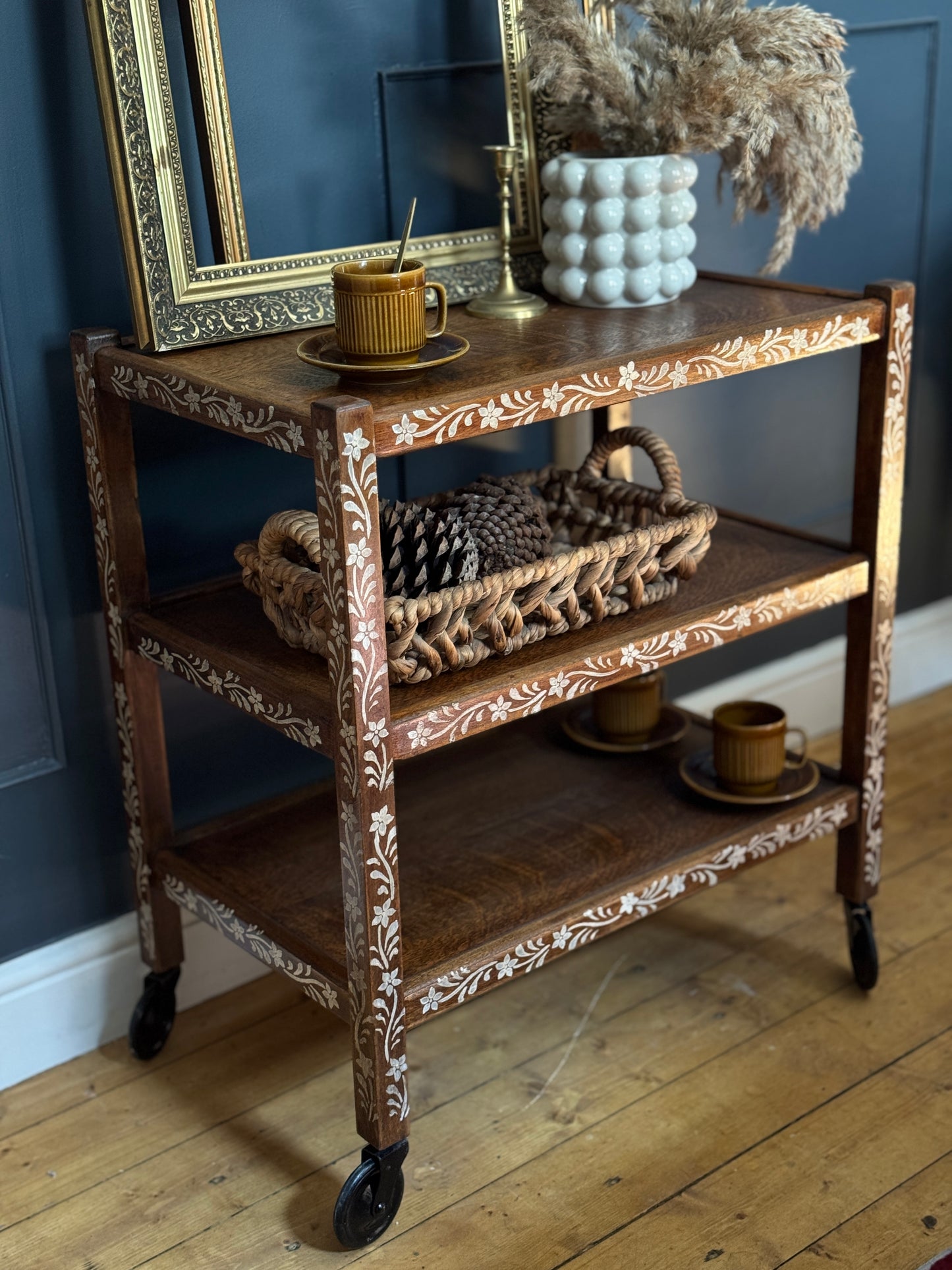 Upcycled Mid-Century Drinks Trolley | Hand-Painted Folk Art Bar Cart | Vintage Tea Cart with Wheels