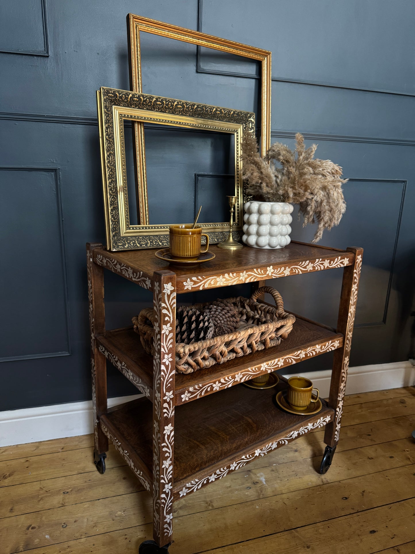 Upcycled Mid-Century Drinks Trolley | Hand-Painted Folk Art Bar Cart | Vintage Tea Cart with Wheels