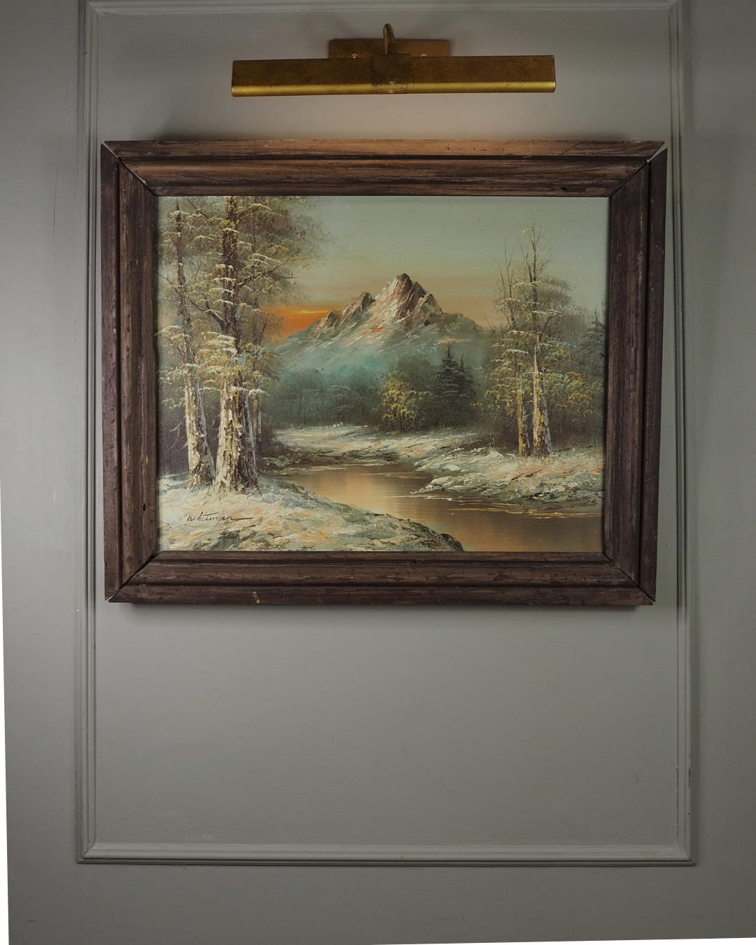 Vintage G. Whitman Oil Painting- Snowy Mountain River Landscape
