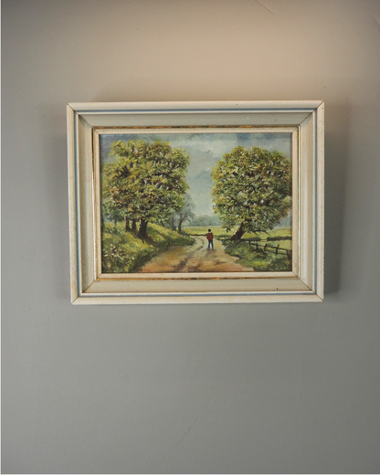 1923 Oil Painting by M Hodes in White  Small Vintage Frame