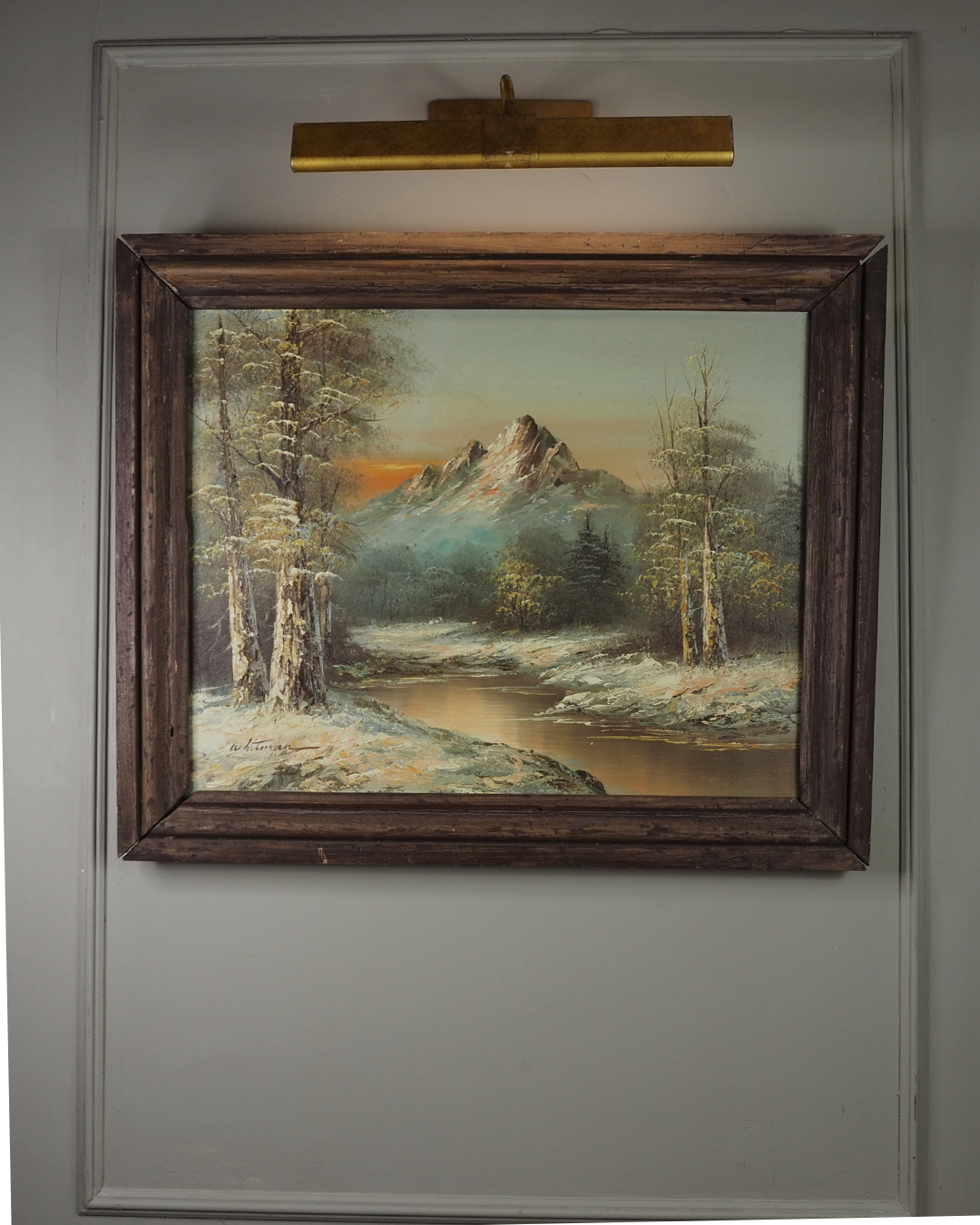 Vintage G. Whitman Oil Painting- Snowy Mountain River Landscape