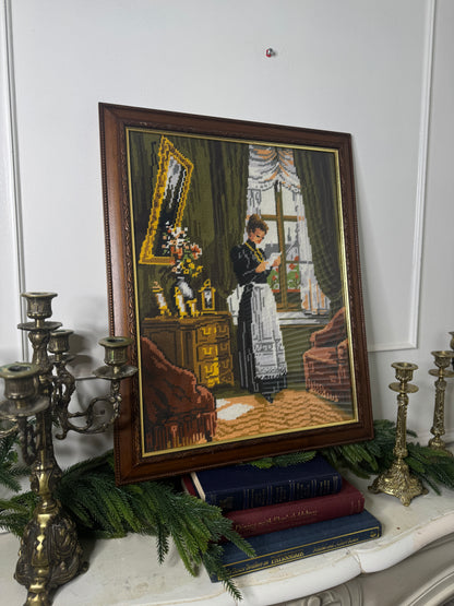 “The Reading Servant” – Hand-Stitched Gobelin Embroidery Art