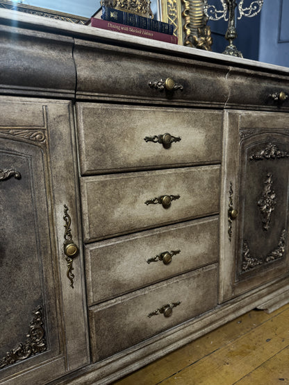 Vintage French-Inspired Upcycled Sideboard | Heavily Distressed 7-Drawer + 2 Cabinet Buffet with Original Brass Handles