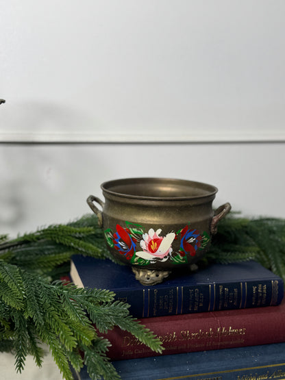 Hand-Painted Brass Pot | Vintage Folk Floral Pattern Planter