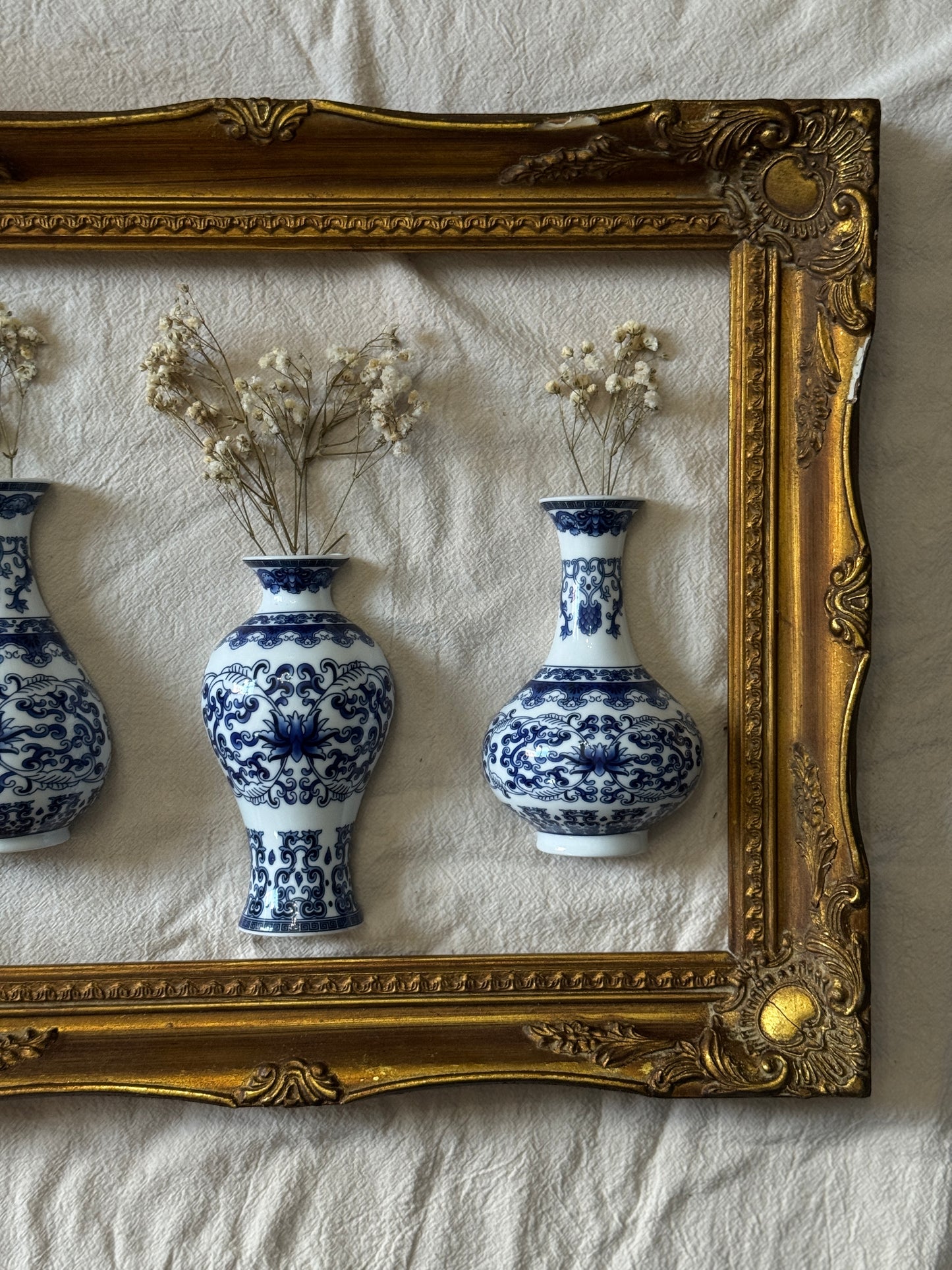 Vintage Gallery Wall Set | Gold Ornate Frame with Vase Trio & Dried Flowers | Decorative Wall Decor