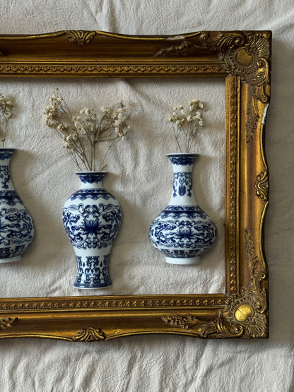 Vintage Gallery Wall Set | Gold Ornate Frame with Vase Trio & Dried Flowers | Decorative Wall Decor