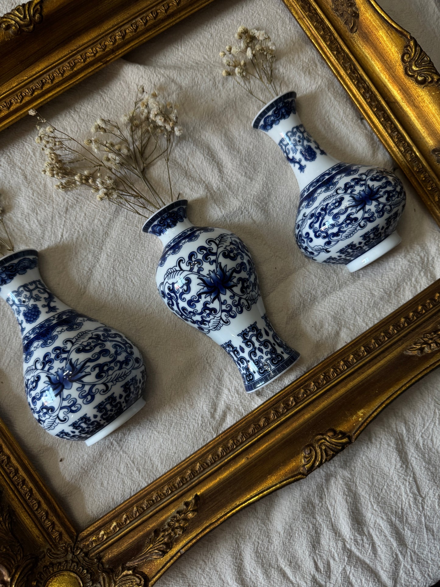 Vintage Gallery Wall Set | Gold Ornate Frame with Vase Trio & Dried Flowers | Decorative Wall Decor