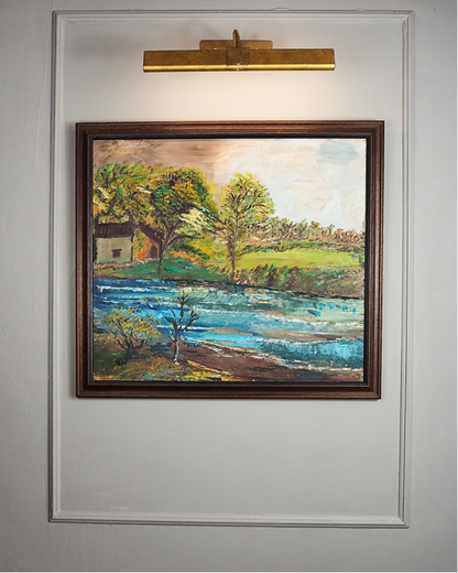 Peaceful River & Cabin Landscape- Vintage Rustic Oil Painting