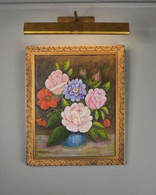 Vintage Floral Oil Painting by E. Henstock: Antique Gold Frame 43 x 35 cm