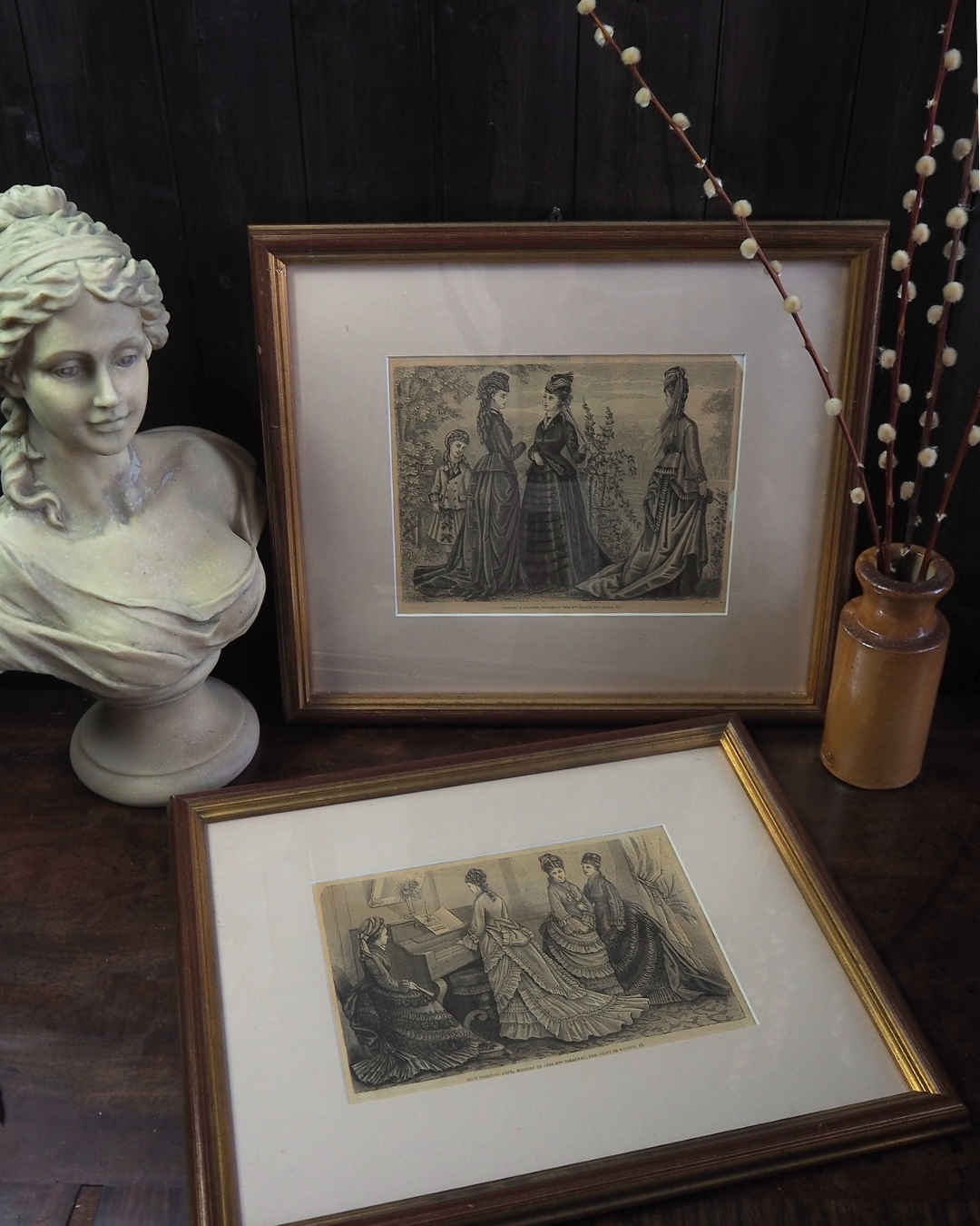 Pair of Antique French Fashion Engraved Newspaper Prints -Paris Couture Wall Art
