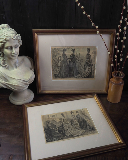Pair of Antique French Fashion Engraved Newspaper Prints -Paris Couture Wall Art