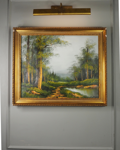 Vintage Mid-Century Oil Painting – Forest River Stream Landscape by W.Johnson