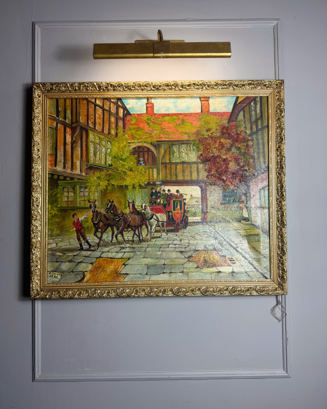 Original Vintage Oil Painting – English Coaching Inn Courtyard Scene by A. Calway '82