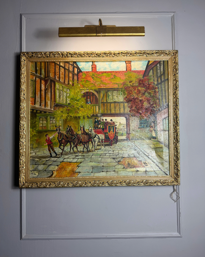 Original Vintage Oil Painting – English Coaching Inn Courtyard Scene by A. Calway '82