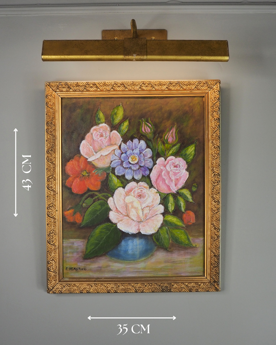 Vintage Floral Oil Painting by E. Henstock: Antique Gold Frame 43 x 35 cm