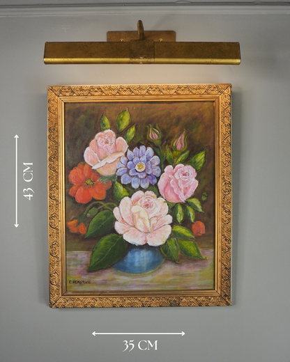 Vintage Floral Oil Painting by E. Henstock: Antique Gold Frame 43 x 35 cm