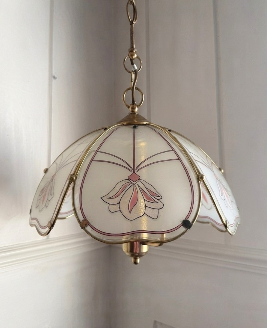 Vintage 1980s Retro  Art Nouveau 3 Light Tulip Floral Brass & Frosted Glass Pendant Light