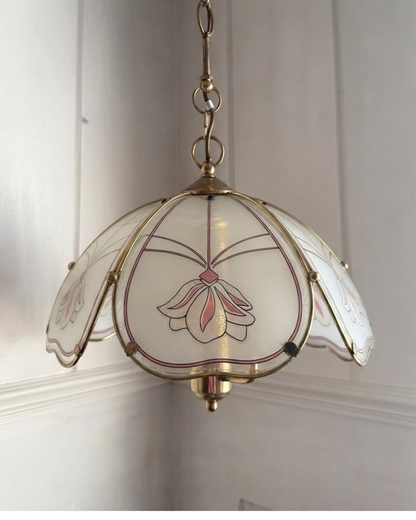Vintage 1980s Retro  Art Nouveau 3 Light Tulip Floral Brass & Frosted Glass Pendant Light