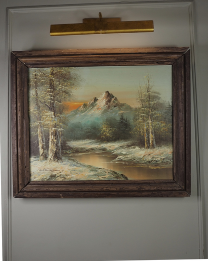 Vintage G. Whitman Oil Painting- Snowy Mountain River Landscape