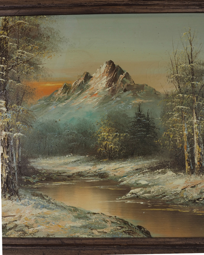 Vintage G. Whitman Oil Painting- Snowy Mountain River Landscape