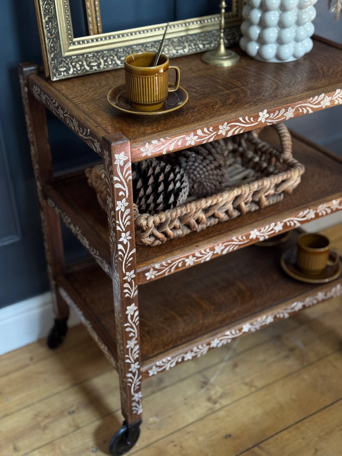Upcycled Mid-Century Drinks Trolley | Hand-Painted Folk Art Bar Cart | Vintage Tea Cart with Wheels