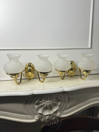 Vintage Satin Brass Chandelier with Matching Wall Lights – 5 Light Brass Ceiling Fixture & Pair of Brass Wall Sconces with Glass Shades