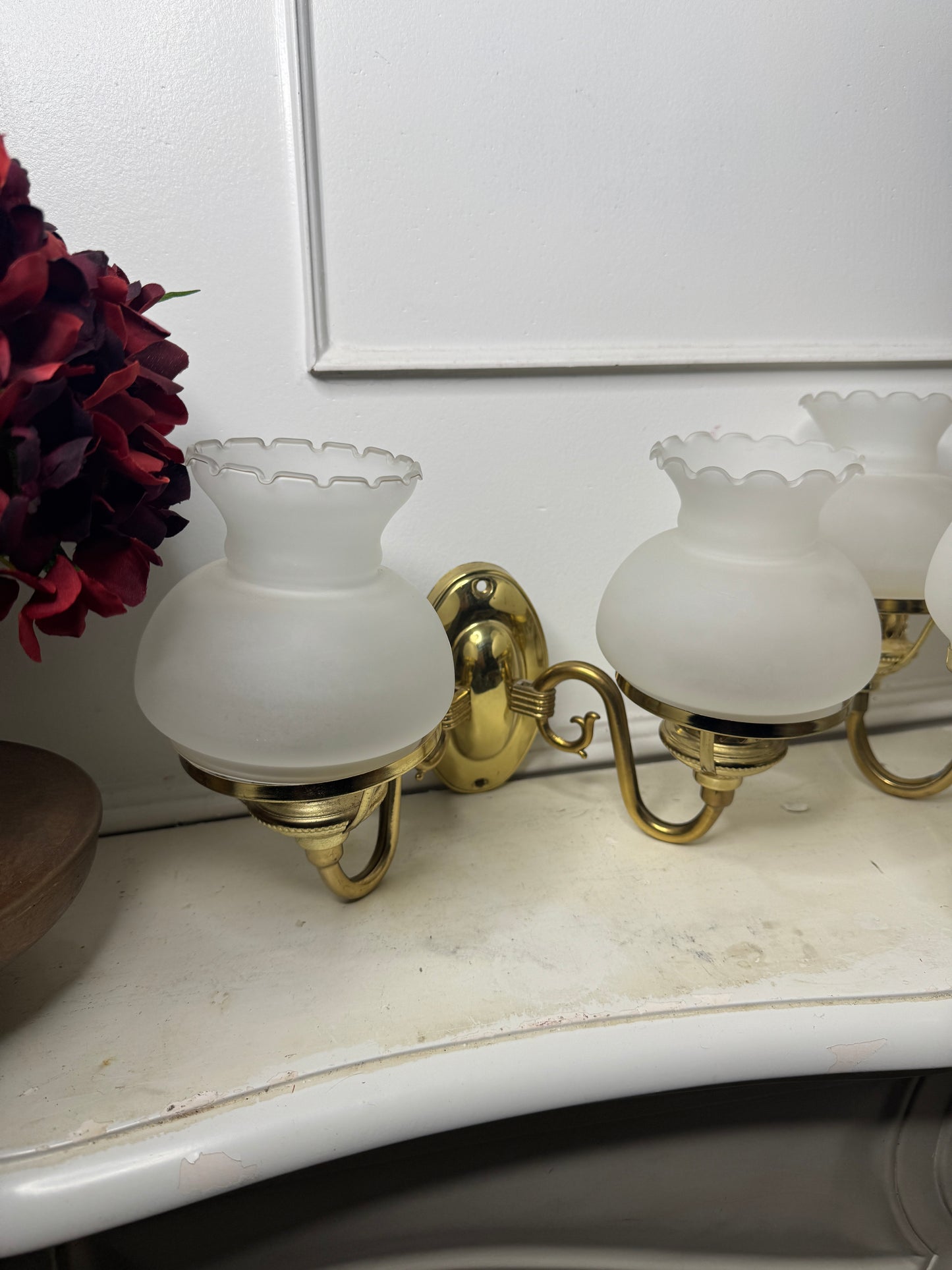 Vintage Satin Brass Chandelier with Matching Wall Lights – 5 Light Brass Ceiling Fixture & Pair of Brass Wall Sconces with Glass Shades