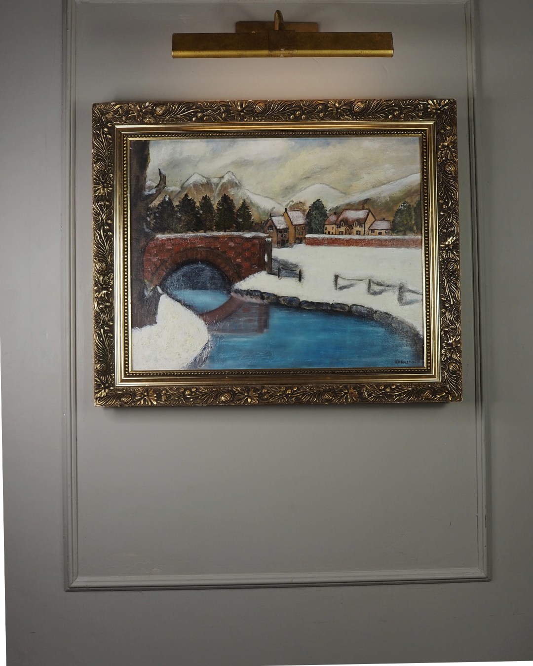Vintage Large Winter Scenery Oil Painting by E. Henstock