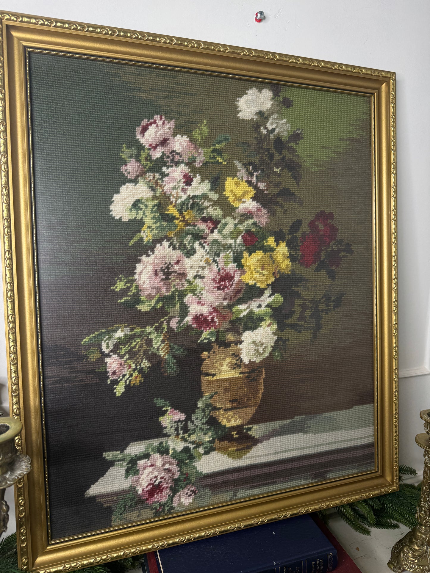 Golden Blooms – Hand-Stitched Gobelin Embroidery Art