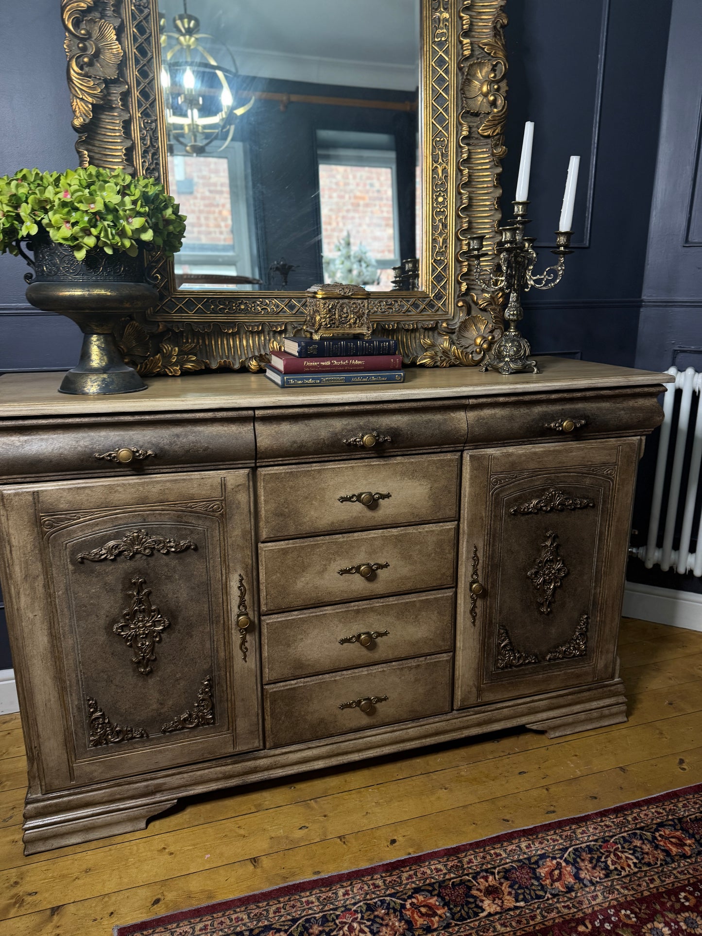 Vintage French-Inspired Upcycled Sideboard | Heavily Distressed 7-Drawer + 2 Cabinet Buffet with Original Brass Handles