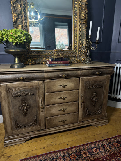 Vintage French-Inspired Upcycled Sideboard | Heavily Distressed 7-Drawer + 2 Cabinet Buffet with Original Brass Handles