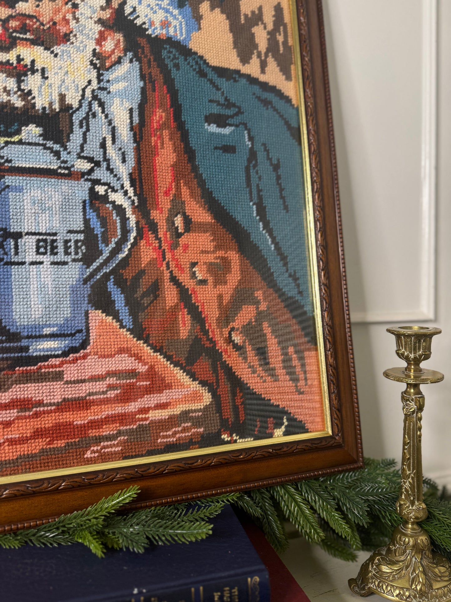 Hand-Stitched Gobelin Embroidery Art – Portrait of an Old Man with Beer