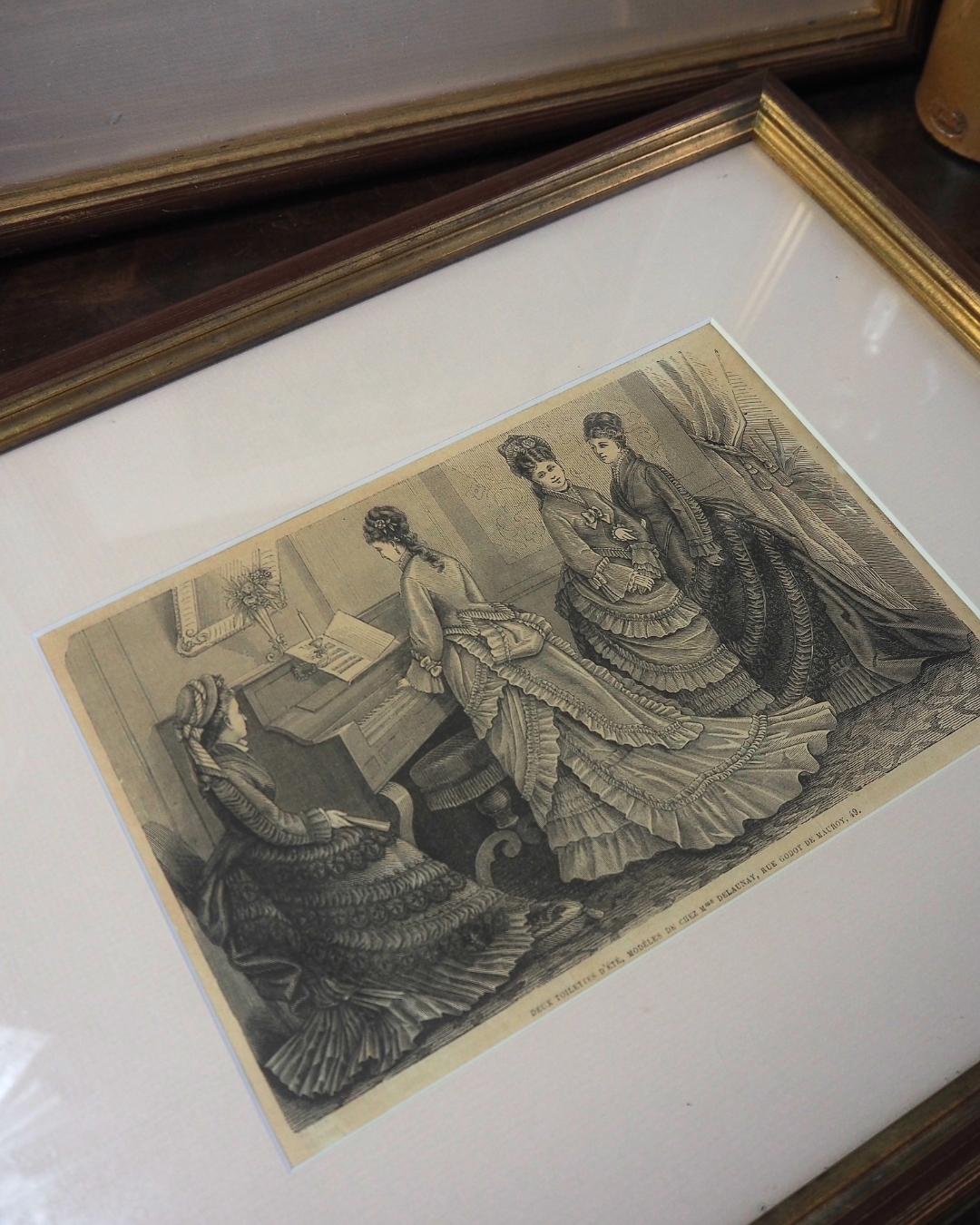 Pair of Antique French Fashion Engraved Newspaper Prints -Paris Couture Wall Art