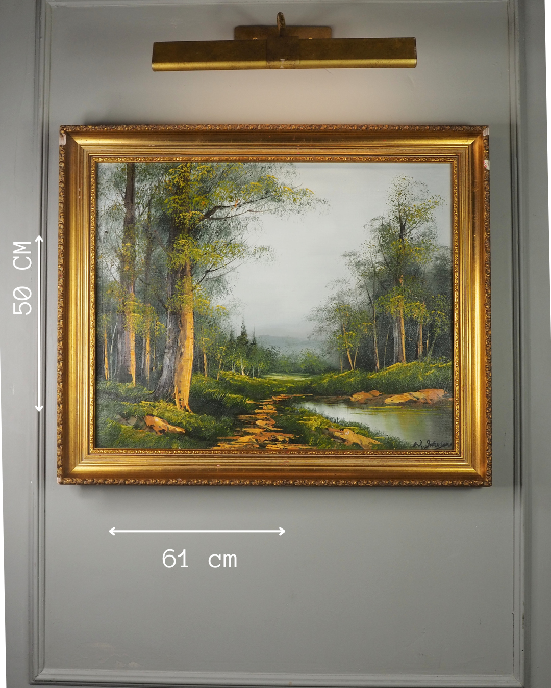 Vintage Mid-Century Oil Painting – Forest River Stream Landscape by W.Johnson
